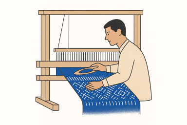 Illustration of artisan weaving on a handloom.